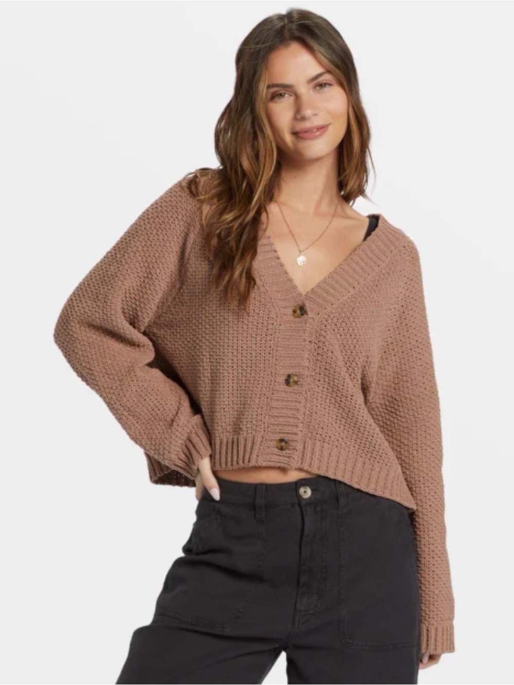 Billabong Womens Lennon Chunky Chenille Knot Cropped Brown Cardigan Sweater Sz M